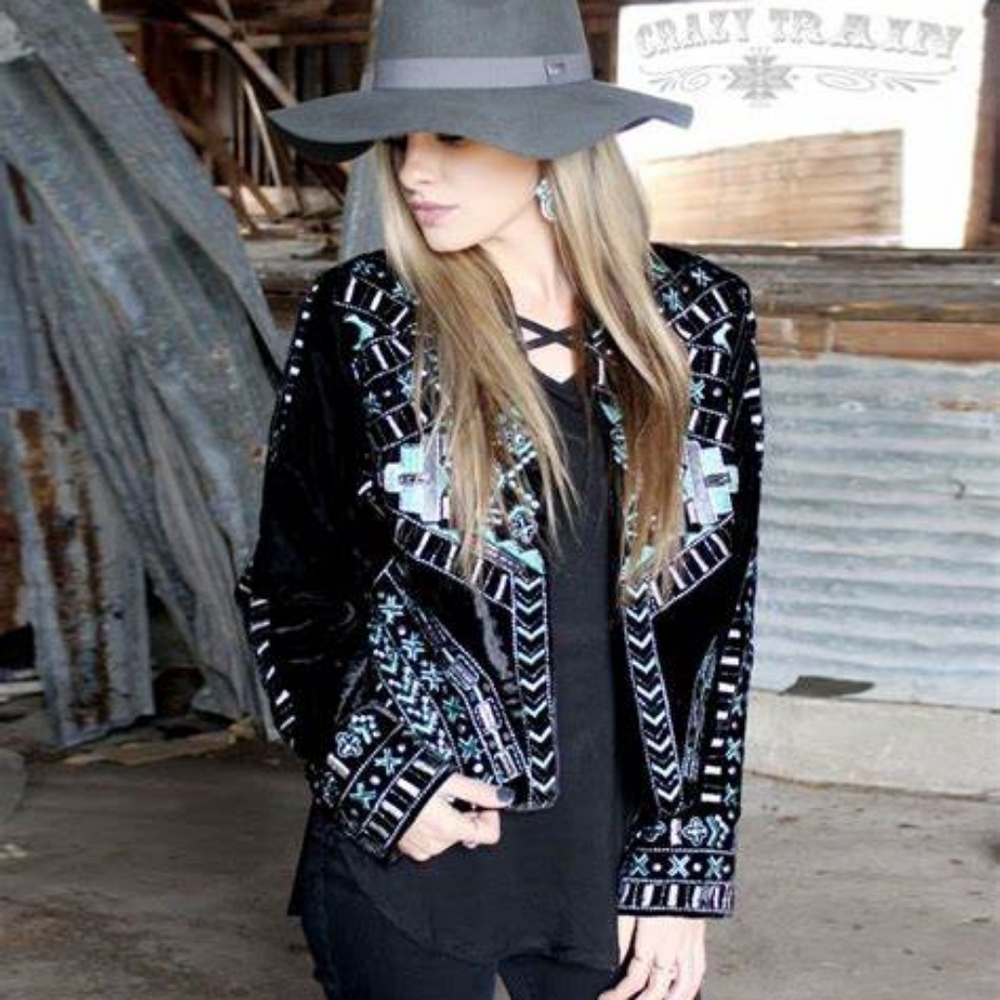 Crazy Train Western Velvet Black Yoakum Jacket Beads